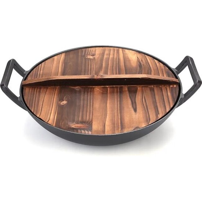 GrillX Gietijzeren Wokpan / Wadjan – Ø 36 cm – Pre-seasoned Gietijzer – Inclusief Houten Deksel