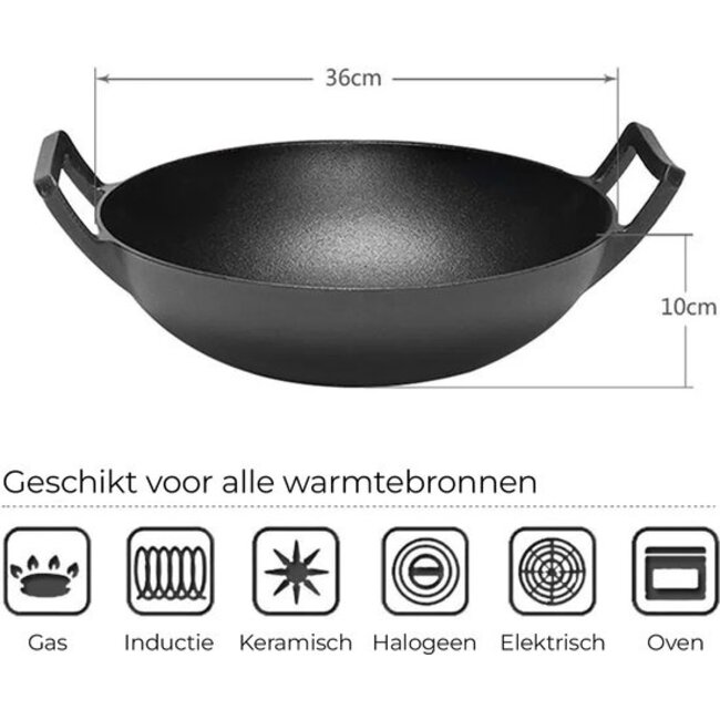 GrillX Gietijzeren Wokpan / Wadjan – Ø 36 cm – Pre-seasoned Gietijzer – Inclusief Houten Deksel