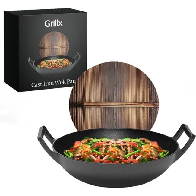GrillX Gietijzeren Wokpan / Wadjan – Ø 36 cm – Pre-seasoned Gietijzer – Inclusief Houten Deksel