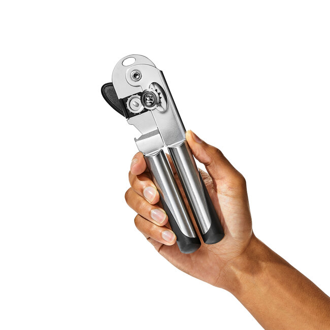 OXO Steel Blikopener RVS – Ergonomische Handmatige Blikopener met Ingebouwde Flesopener