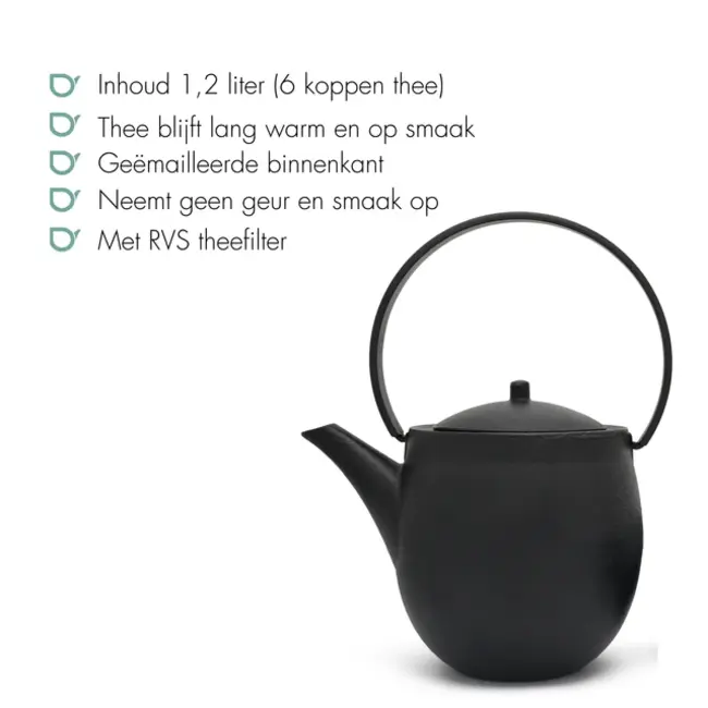 Bredemeijer Sendai Gietijzeren Theepot 1,2L Zwart – Traditionele Japanse Theepot inclusief RVS Theefilter