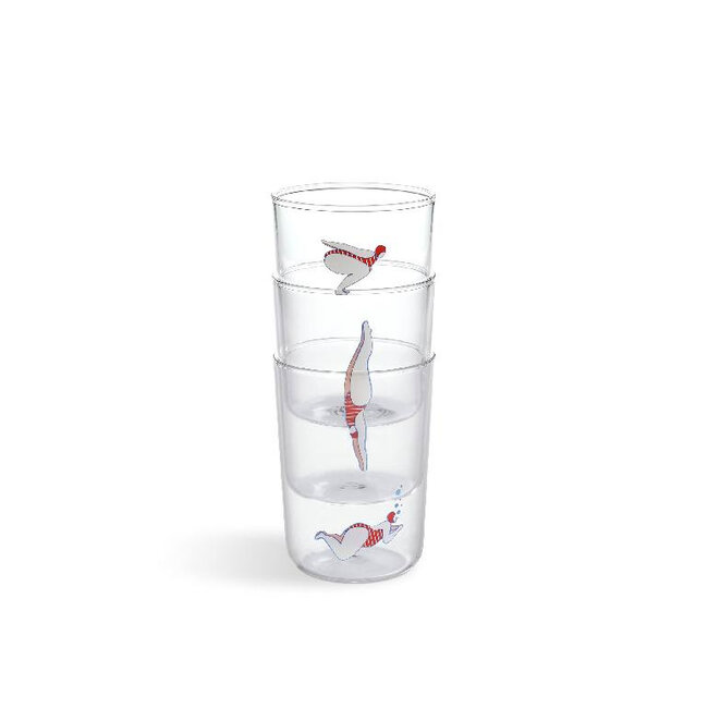 Ototo Deep Dive Glazen Set van 3 – Stapelbare Waterglazen & Sapglazen met Speels Duiker Design