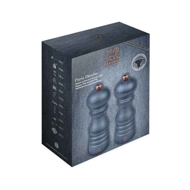 Peugeot Peper- en Zoutmolenset Paris Duo Denim 18 cm – Blauw Iconisch Kleurenduo – Vervaardigd uit hout -  Inclusief Siliconen Trechter - Special Edition