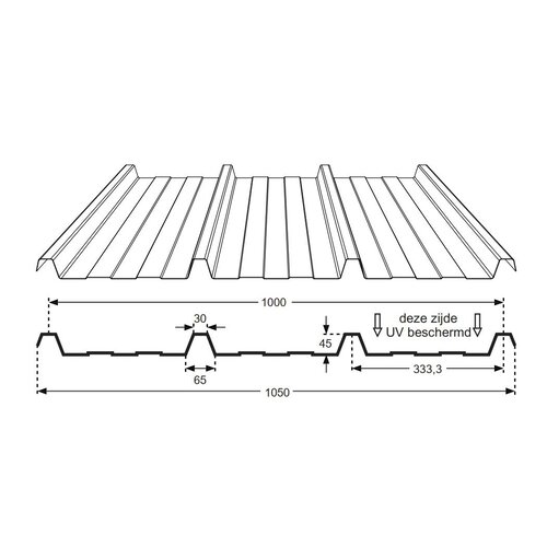 105 x 650 cm  Profielplaat Polycarbonaat Transparant KD45 Nergal 333/45 Enkelwandig