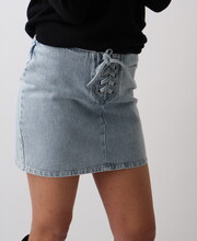 【Raucohouse】Rough cutting wrap denim mini skirt Denim Laced Mini Skirt - Rough Riders