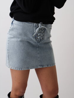 Rotate Denim Laced Mini Skirt