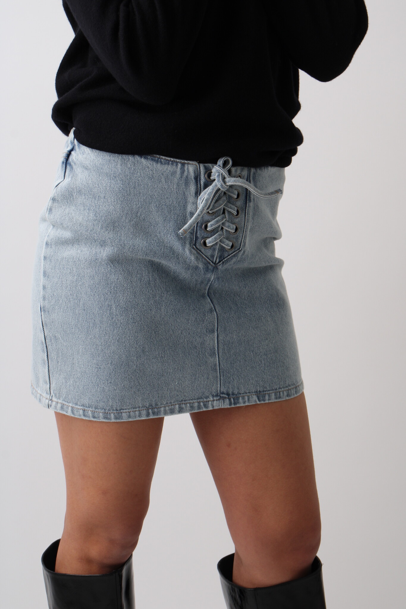 Rotate Denim Laced Mini Skirt