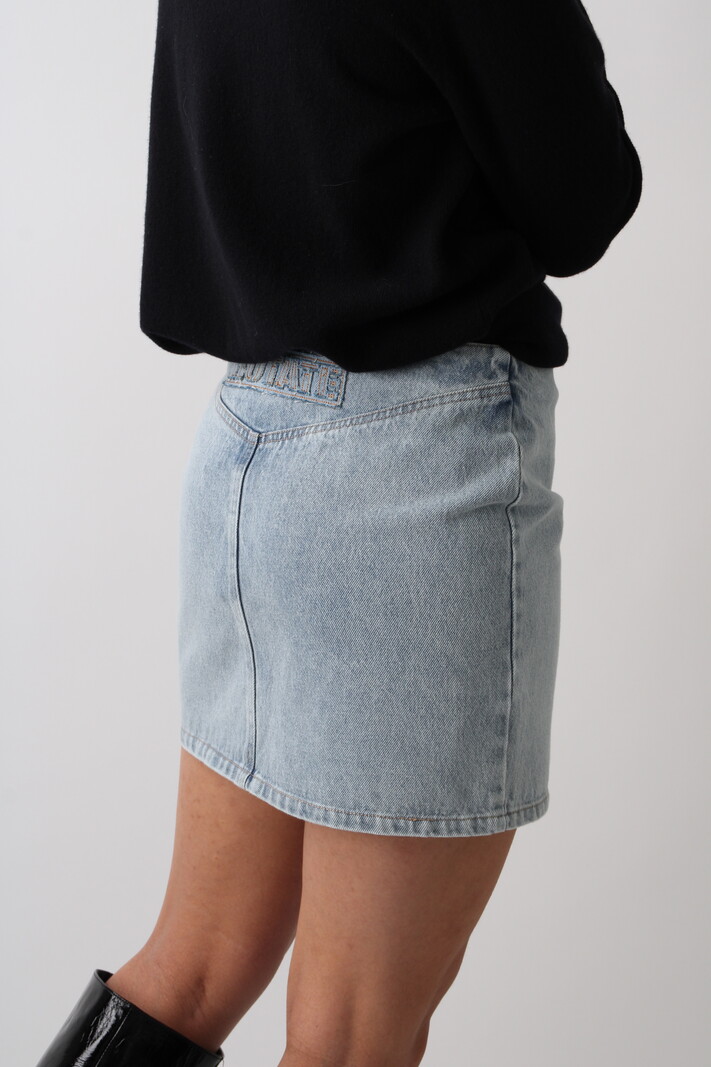 Rotate Denim Laced Mini Skirt