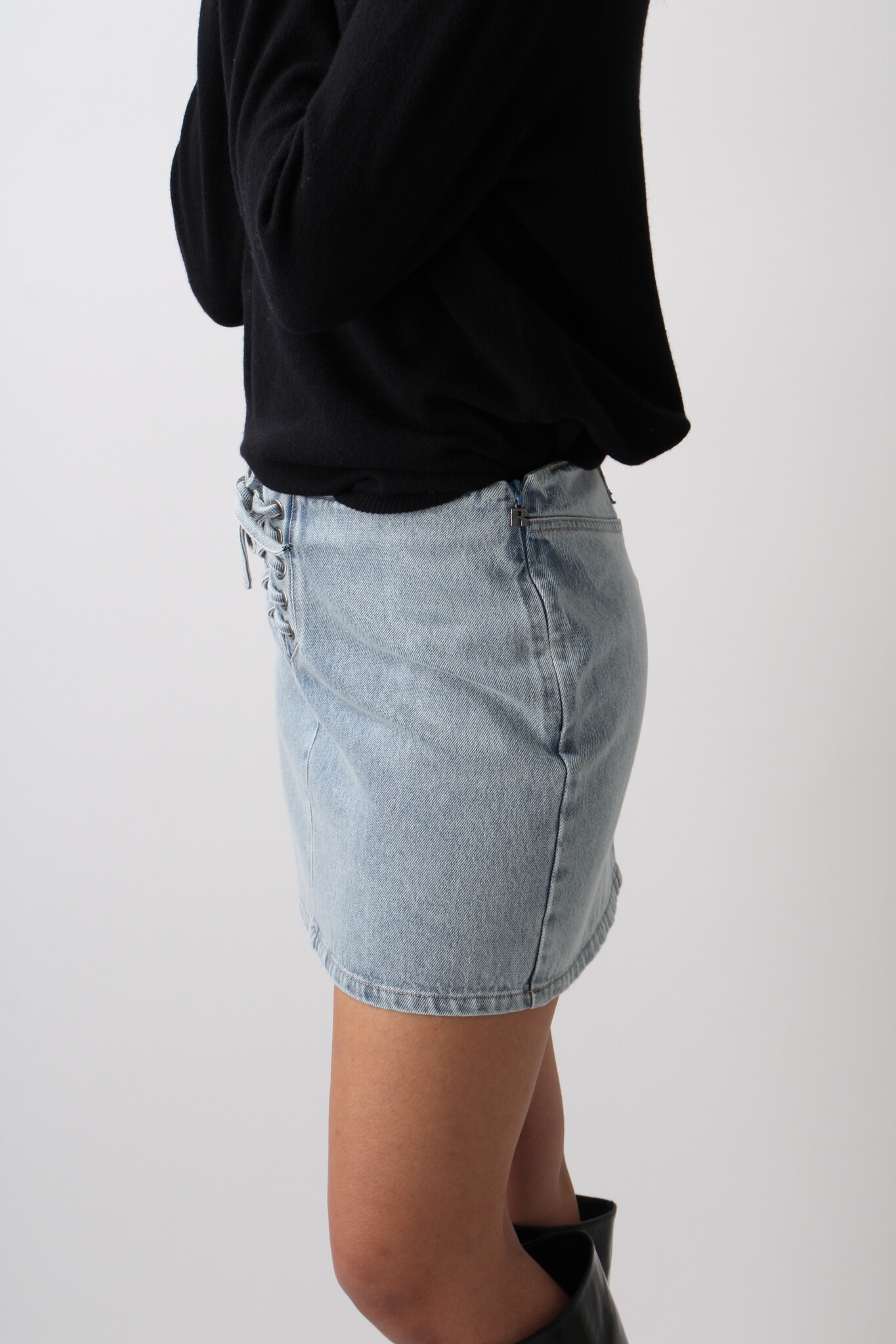 Rotate Denim Laced Mini Skirt