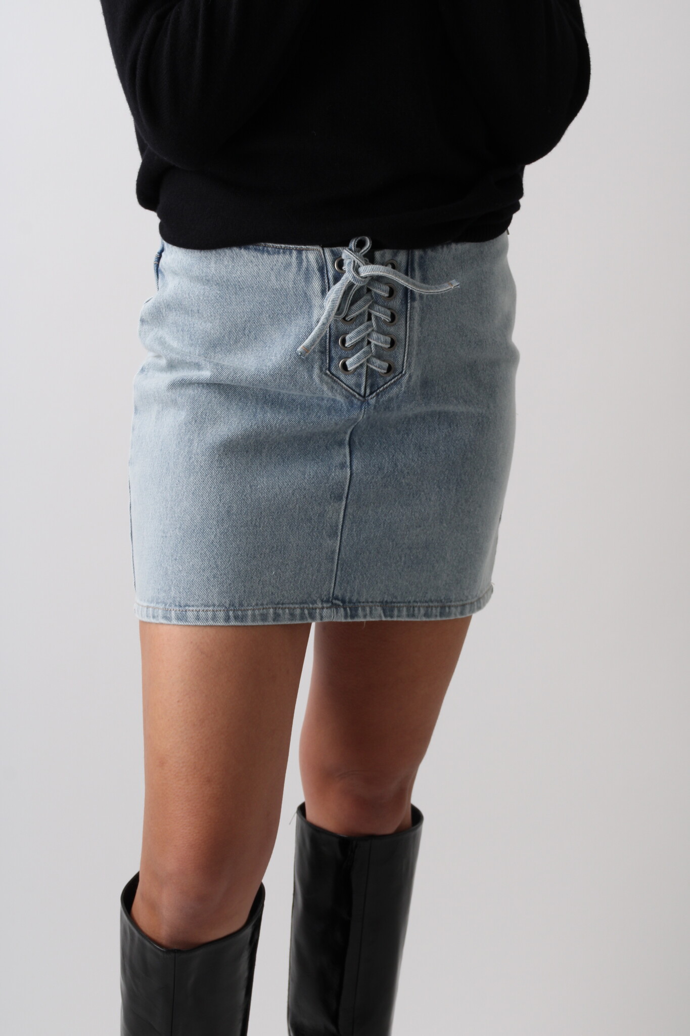 Rotate Denim Laced Mini Skirt