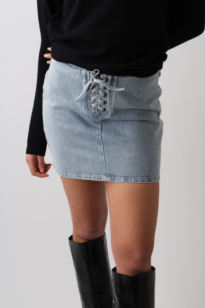 Rotate Denim Laced Mini Skirt
