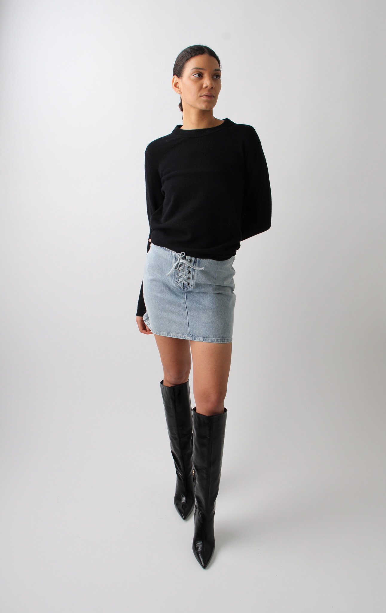 Rotate Denim Laced Mini Skirt