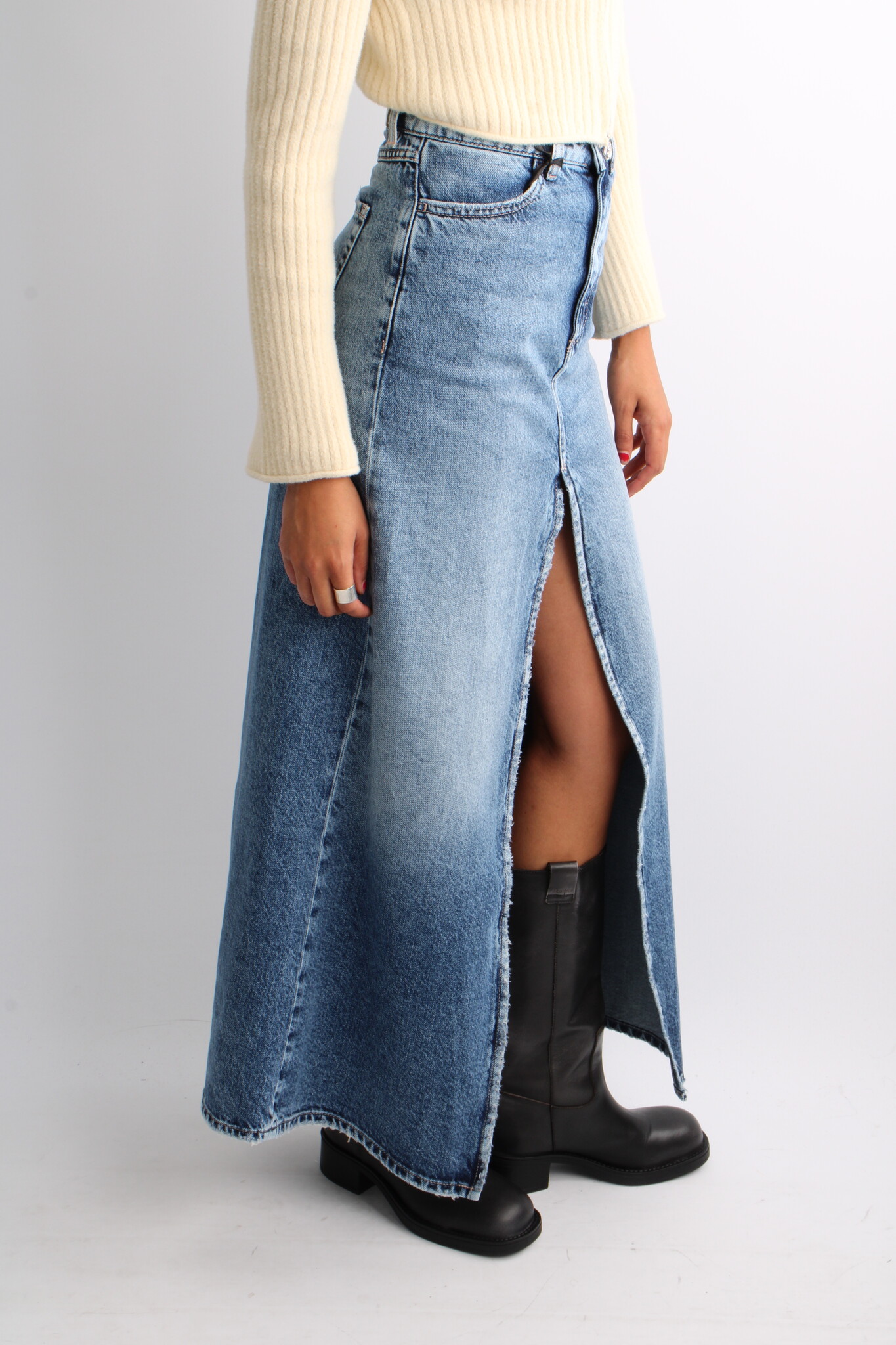 Icon Denim Lara Long High Rise Denim Skirt