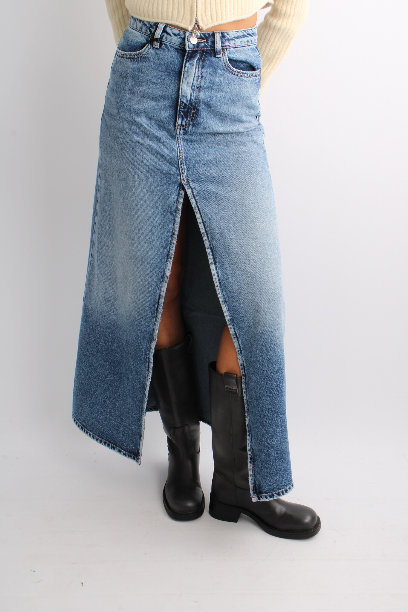 Icon Denim Lara Long High Rise Denim Skirt