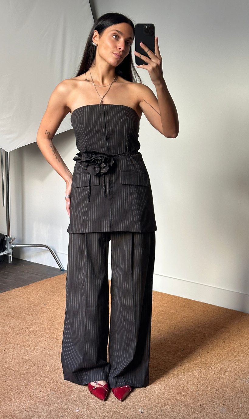 Rotate Pinstripe Belted Long Top