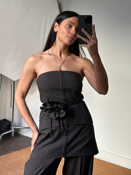 Rotate Pinstripe Belted Long Top