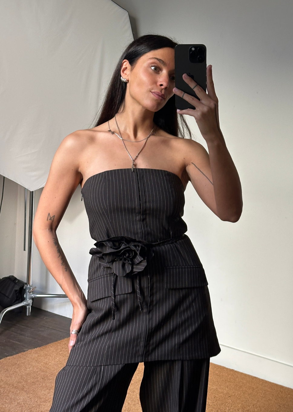 Rotate Pinstripe Belted Long Top