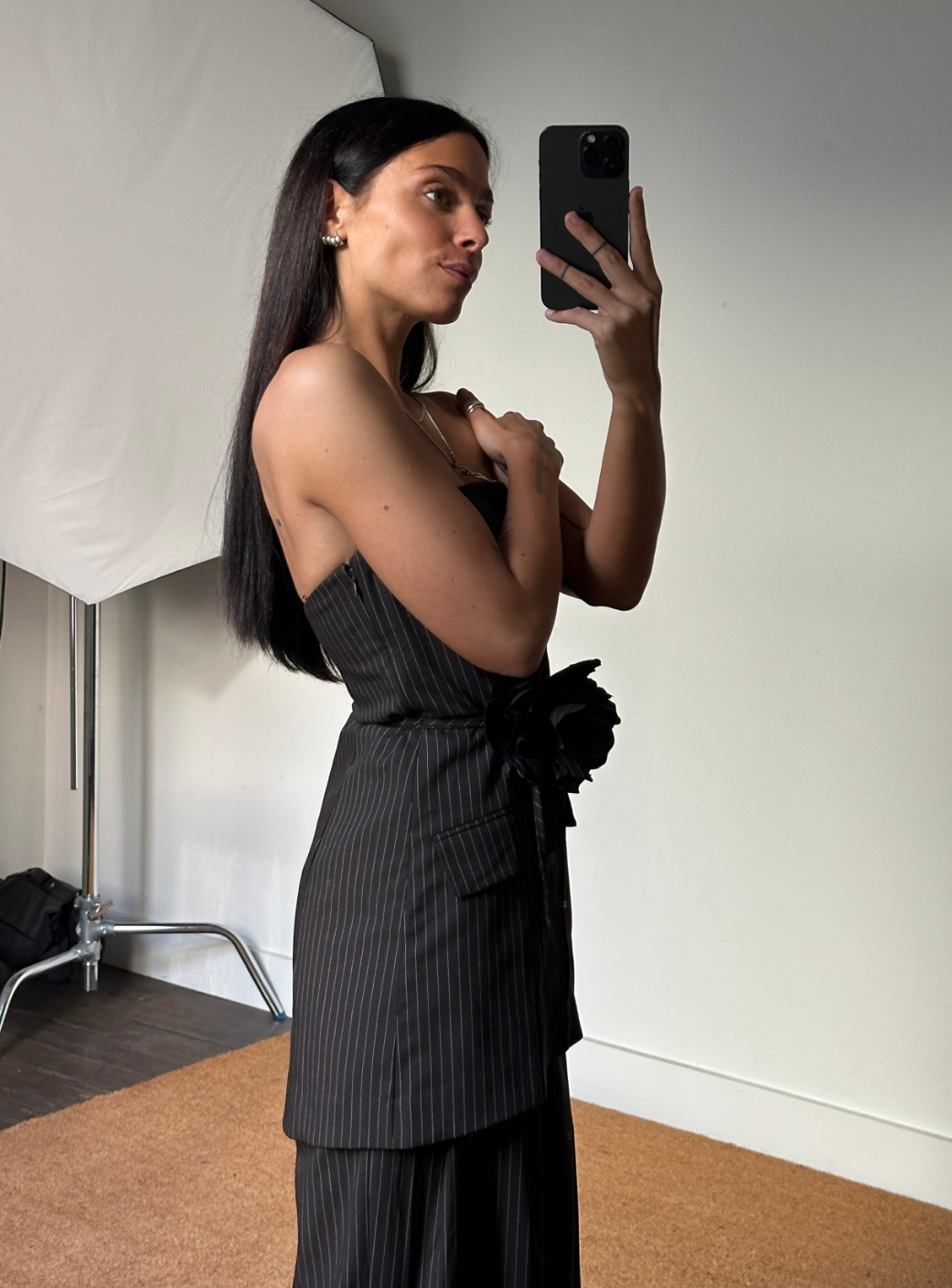 Rotate Pinstripe Belted Long Top