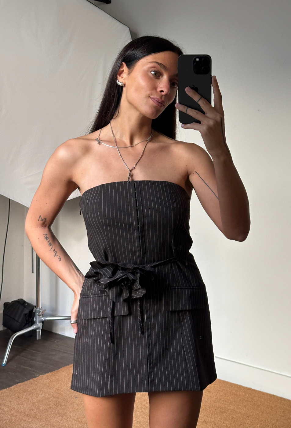 Rotate Pinstripe Belted Long Top