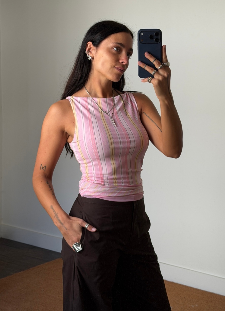 House of Sunny Double Layer Stripe Mesh Top