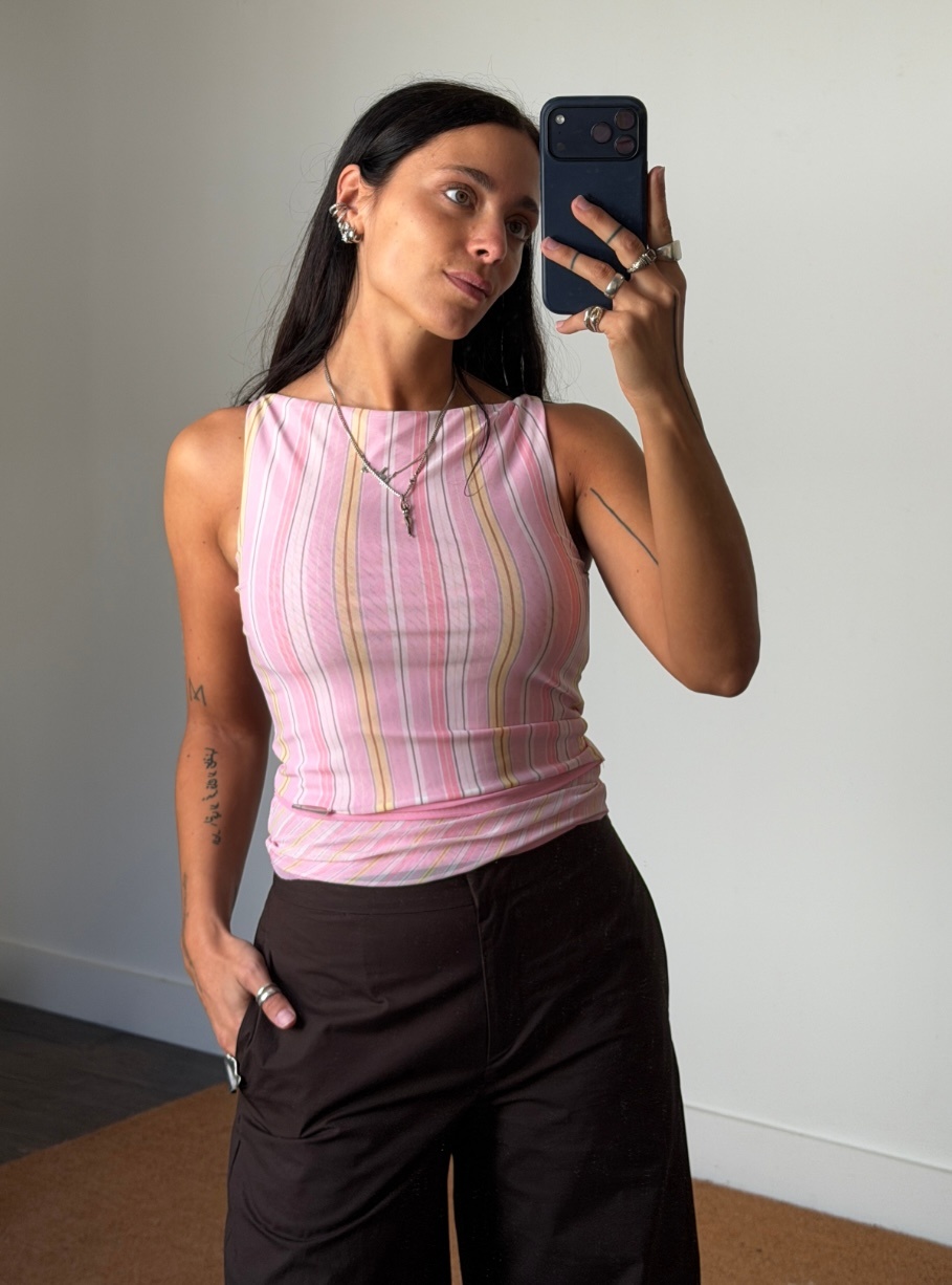 House of Sunny Double Layer Stripe Mesh Top