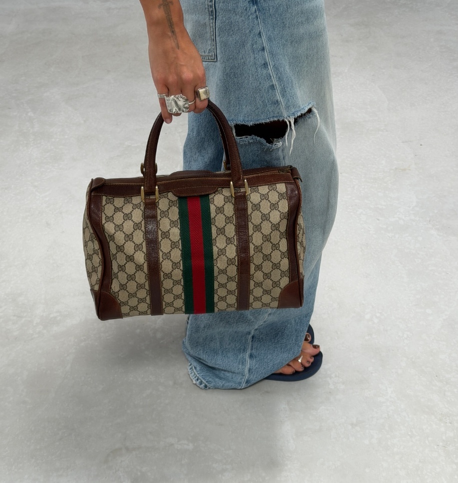 RR ARCHIVE Gucci GG Supreme Web Sherry Line Boston Bag
