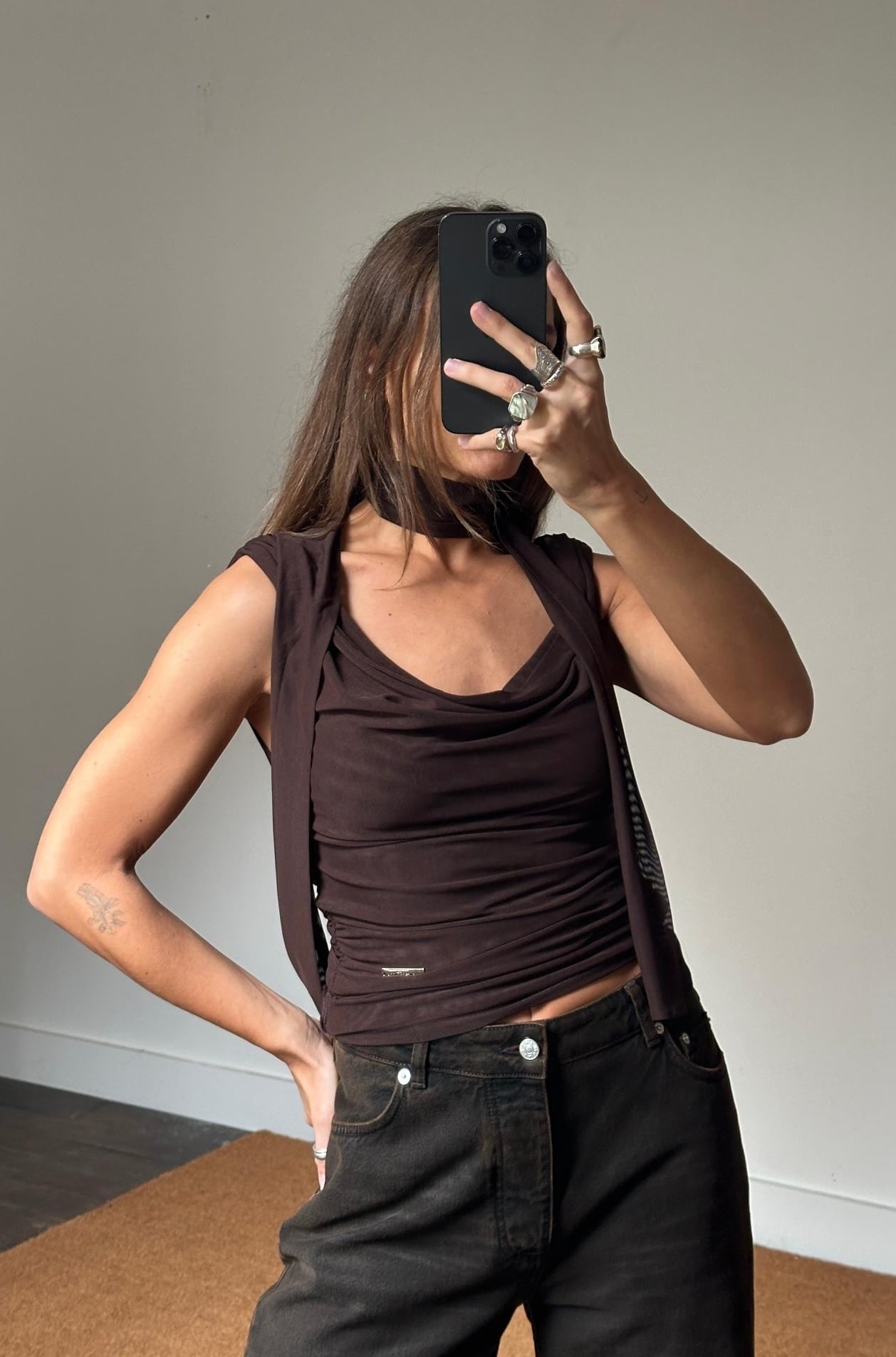 House of Sunny Draped Neck Mesh Top