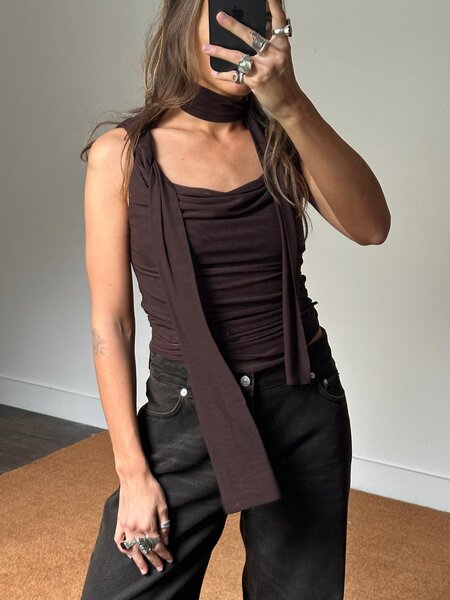 House of Sunny Draped Neck Mesh Top