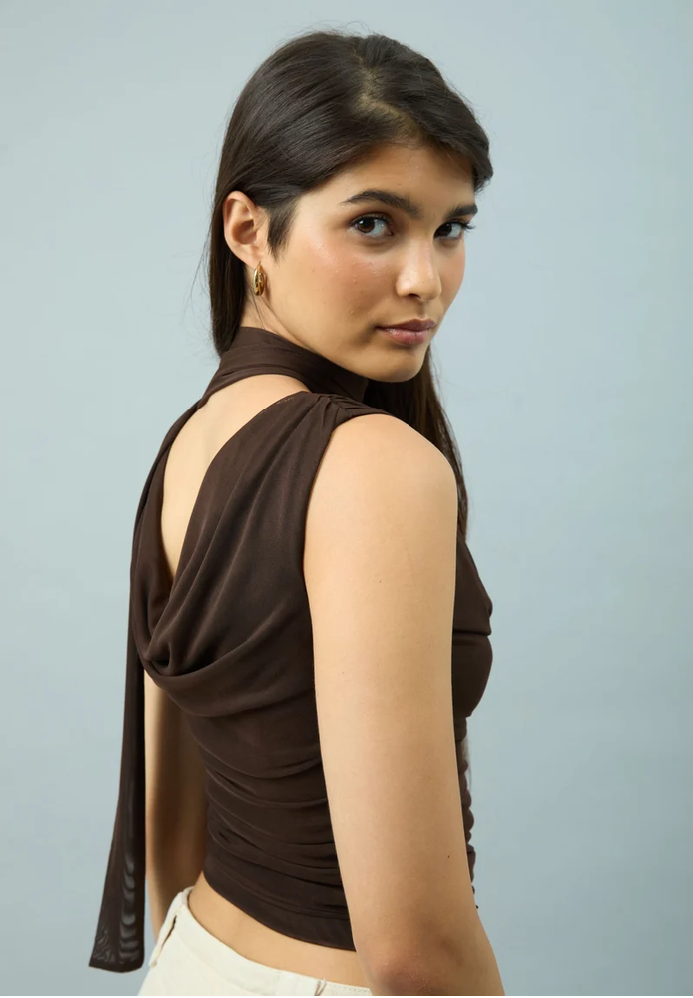 House of Sunny Draped Neck Mesh Top