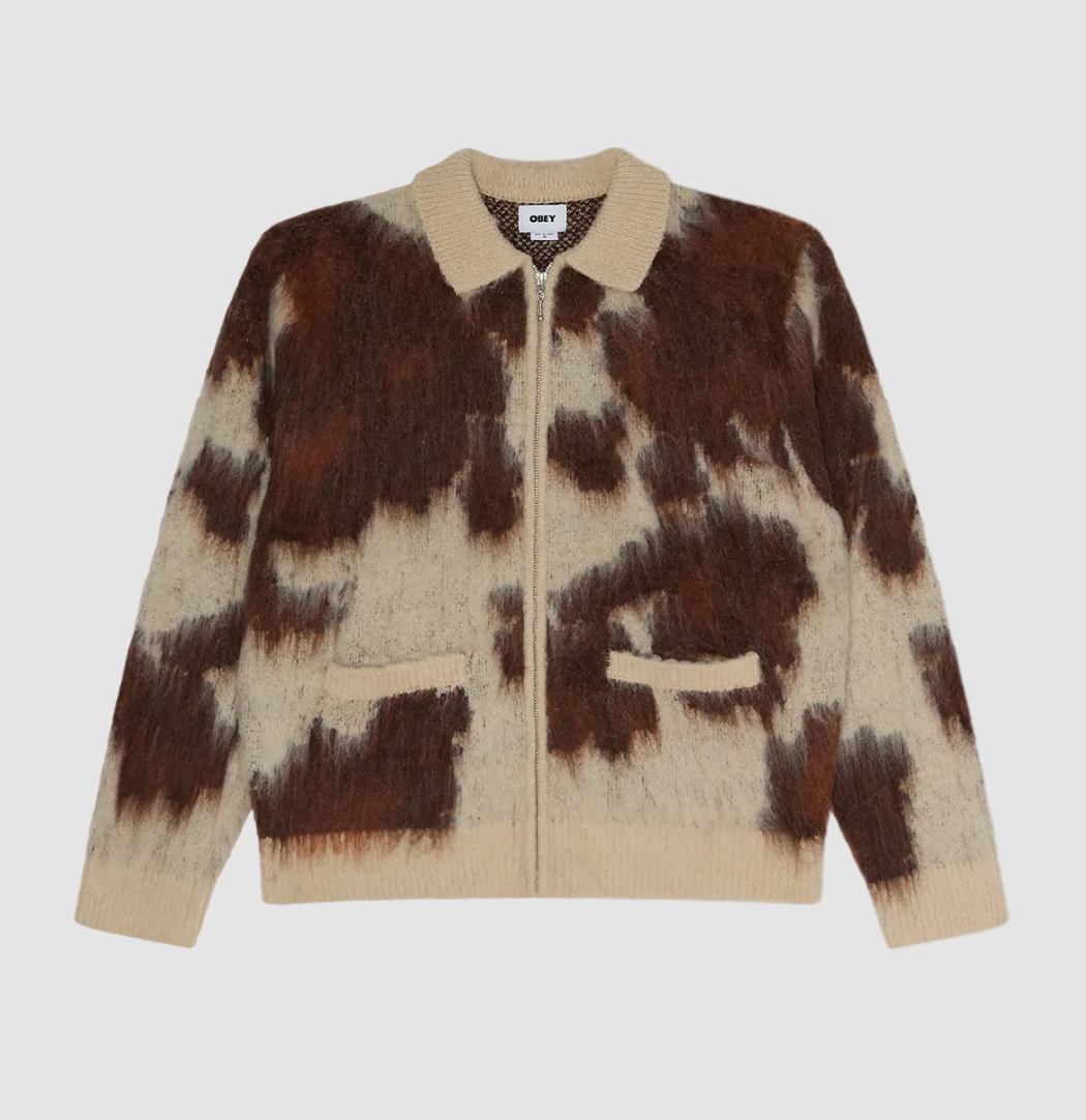 Obey Men Cow Pattern Zip Sweater
