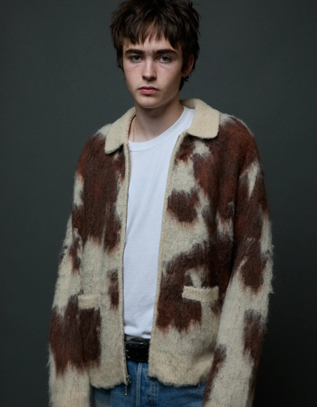 Obey Men Cow Pattern Zip Sweater
