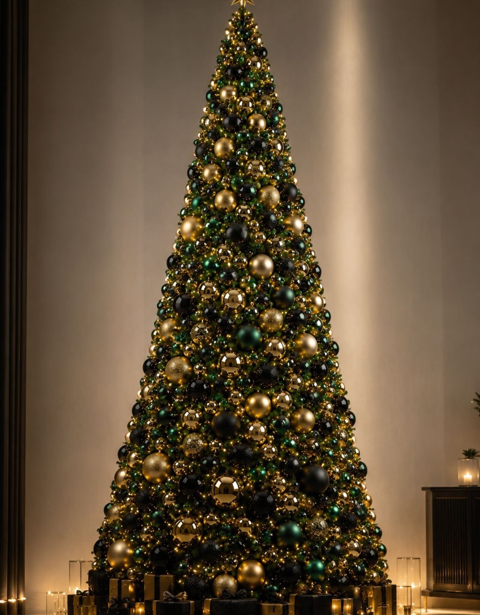 Grote kunstkerstboom 510 cm. Versierd en met verlichting