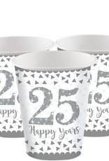25th Silver Sparkling Wedding Anniversary Cups - 266ml Paper Party Cups