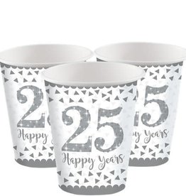 25th Silver Sparkling Wedding Anniversary Cups - 266ml Paper Party Cups