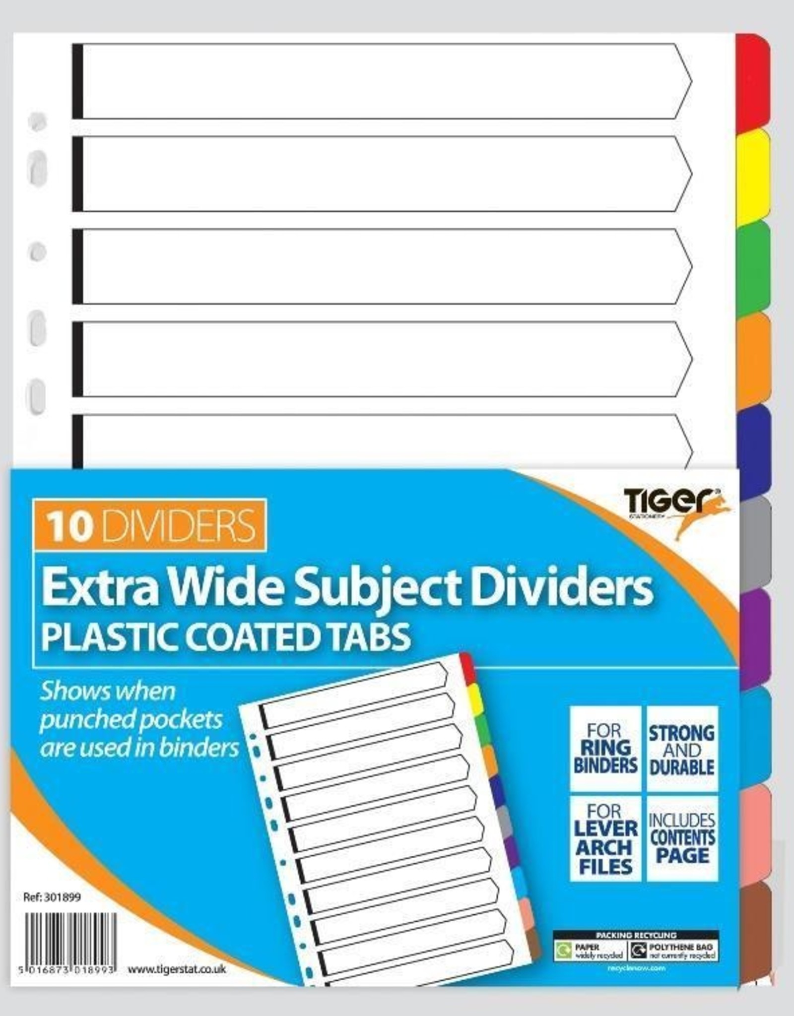 TIGER CARD DIVIDERS WITH PLASTIC TABS 10 PART EXTRA WIDE