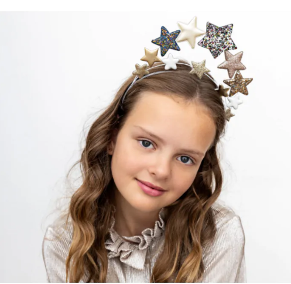 Haarband met sterren, carnavalskostuum voor dames, sterren oorbellen en gezichtstattoo-set, glitterhaarband voor carnaval, verjaardag, kostuumfeest, haaraccessoires voor dames en meisjes