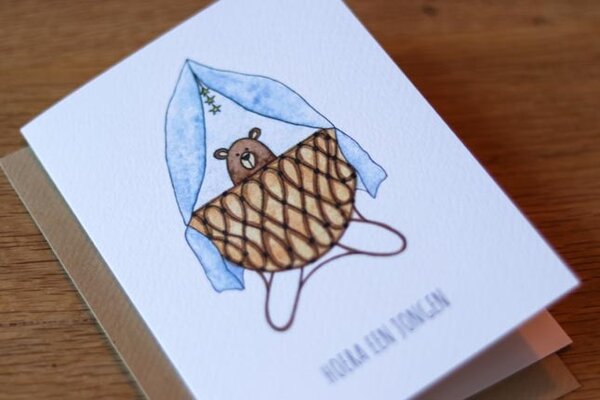 Juulz Illustrations Wenskaart Wiegje Hoera een Jongen