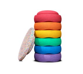 Stapelstein Super Confetti Regenboog Classic Bundel 6 stapelsteen + balanceboard Stapelstein Super Confetti Regenboog Classic Bundel 6 stapelsteen + balanceboard