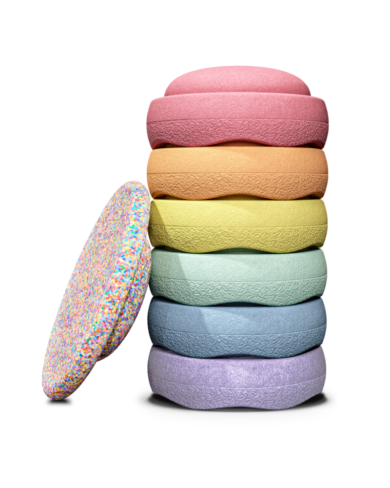 Stapelstein Super Confetti Regenboog Pastel Bundel 6 stapelsteen + balanceboard Stapelstein Super Confetti Regenboog Pastel Bundel 6 stapelsteen + balanceboard