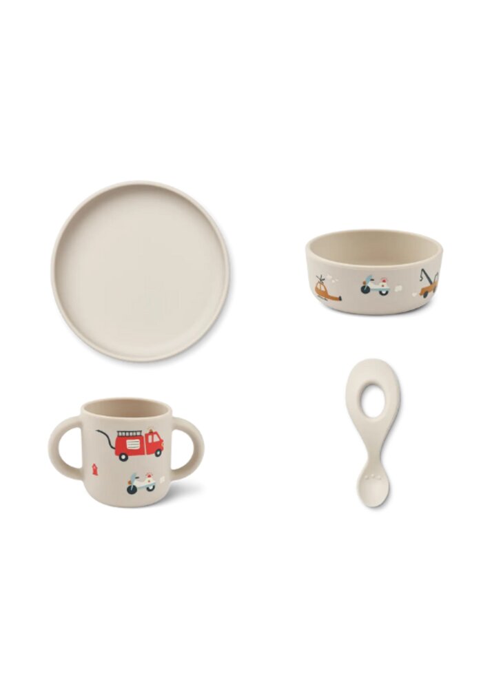 Liewood Vivi Siliconen servies set met print Emergency Vehicle Sandy Liewood Vivi Siliconen servies set met print Emergency Vehicle Sandy