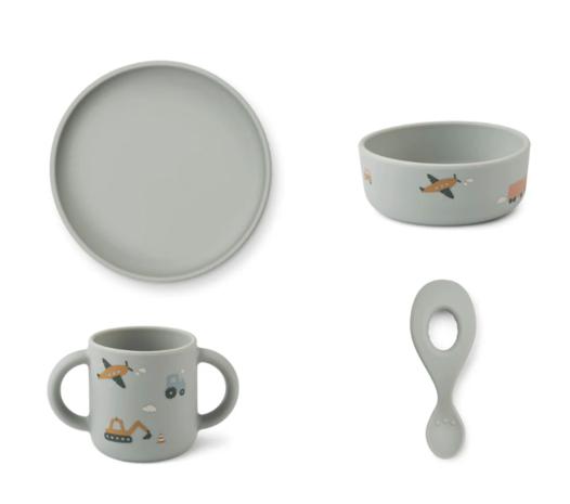 Liewood Vivi Siliconen servies set met print Vehicles Dove Blue mix Liewood Vivi Siliconen servies set met print Vehicles Dove Blue mix
