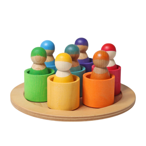 Grimm's Houten Regenboog Vrienden in bakjes 7 stuks Grimm's Houten Regenboog Vrienden in bakjes 7 stuks