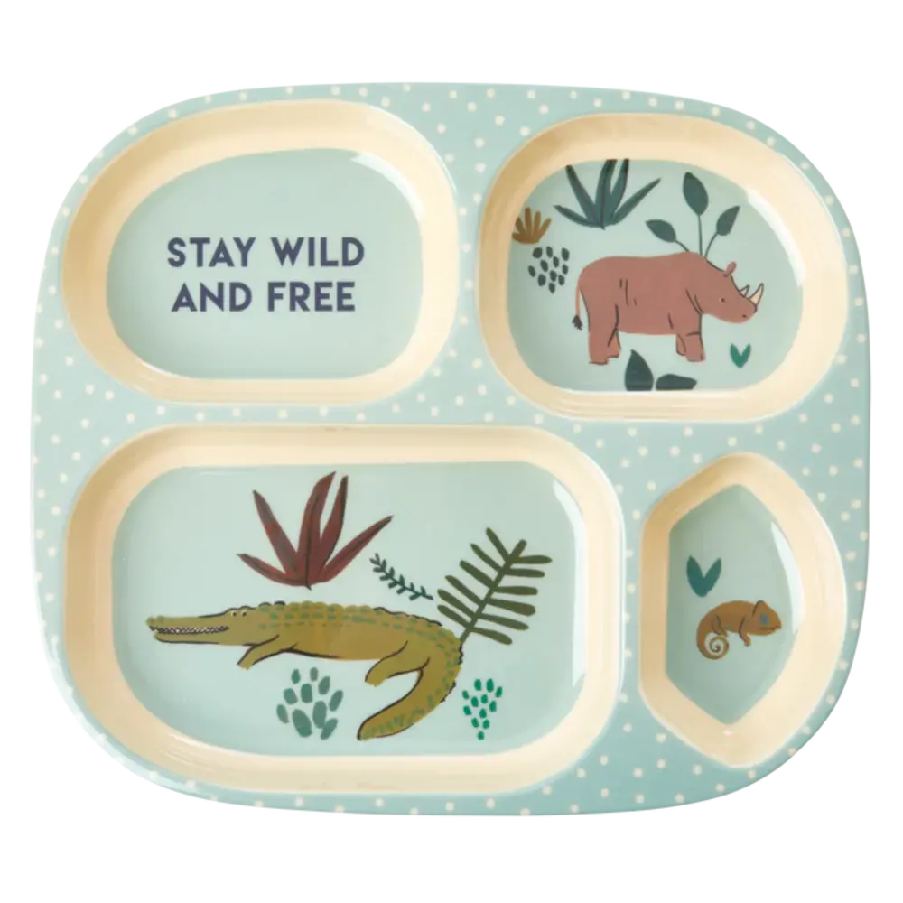 Rice Melamine Kinderbord met 4 compartimenten Jungle Zacht Blauw Rice Melamine Kinderbord met 4 compartimenten Jungle Zacht Blauw