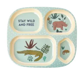 Rice Melamine Kinderbord met 4 compartimenten Jungle Zacht Blauw Rice Melamine Kinderbord met 4 compartimenten Jungle Zacht Blauw