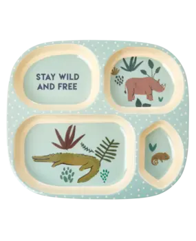 Rice Melamine Kinderbord met 4 compartimenten Jungle Zacht Blauw Rice Melamine Kinderbord met 4 compartimenten Jungle Zacht Blauw