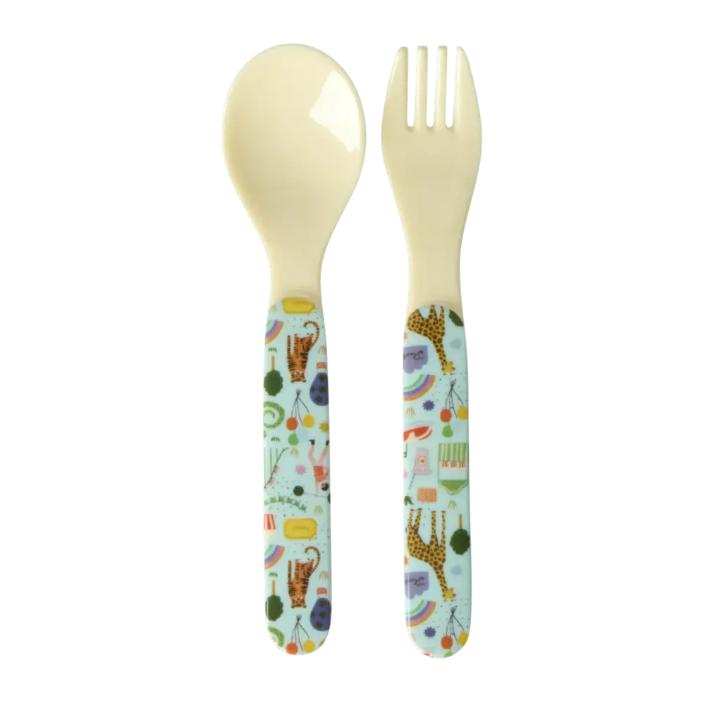 Rice Baby Melamine Spoon and Fork with Fun  Fair Print - Mint Rice Baby Melamine Spoon and Fork with Fun  Fair Print - Mint