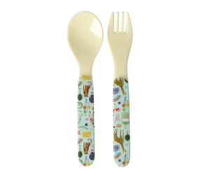 Rice Baby Melamine Spoon and Fork with Fun  Fair Print - Mint Rice Baby Melamine Spoon and Fork with Fun  Fair Print - Mint
