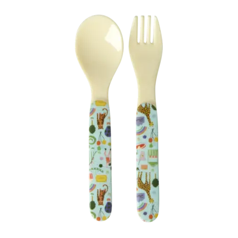 Rice Baby Melamine Spoon and Fork with Fun  Fair Print - Mint Rice Baby Melamine Spoon and Fork with Fun  Fair Print - Mint