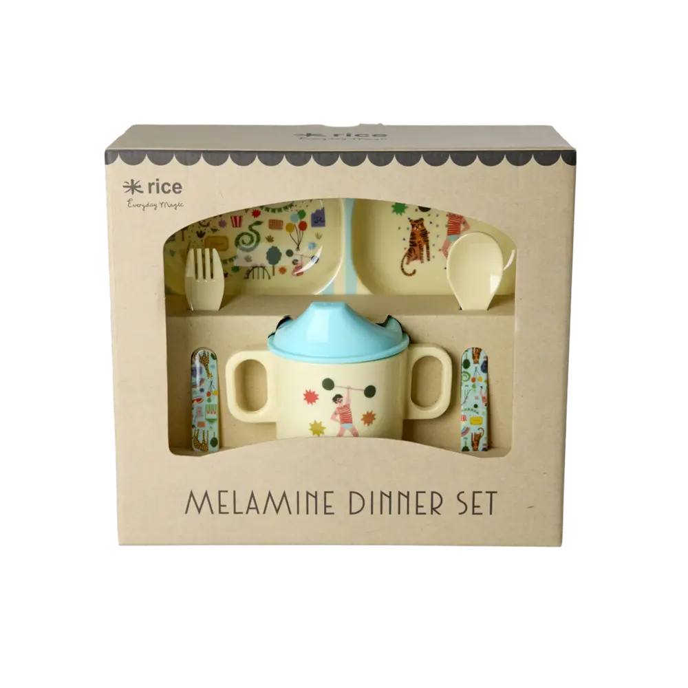 Rice Melamine Baby Dinner Set in Gift Box - Fun Fair Print - Mint - 4 pcs Rice Melamine Baby Dinner Set in Gift Box - Fun Fair Print - Mint - 4 pcs