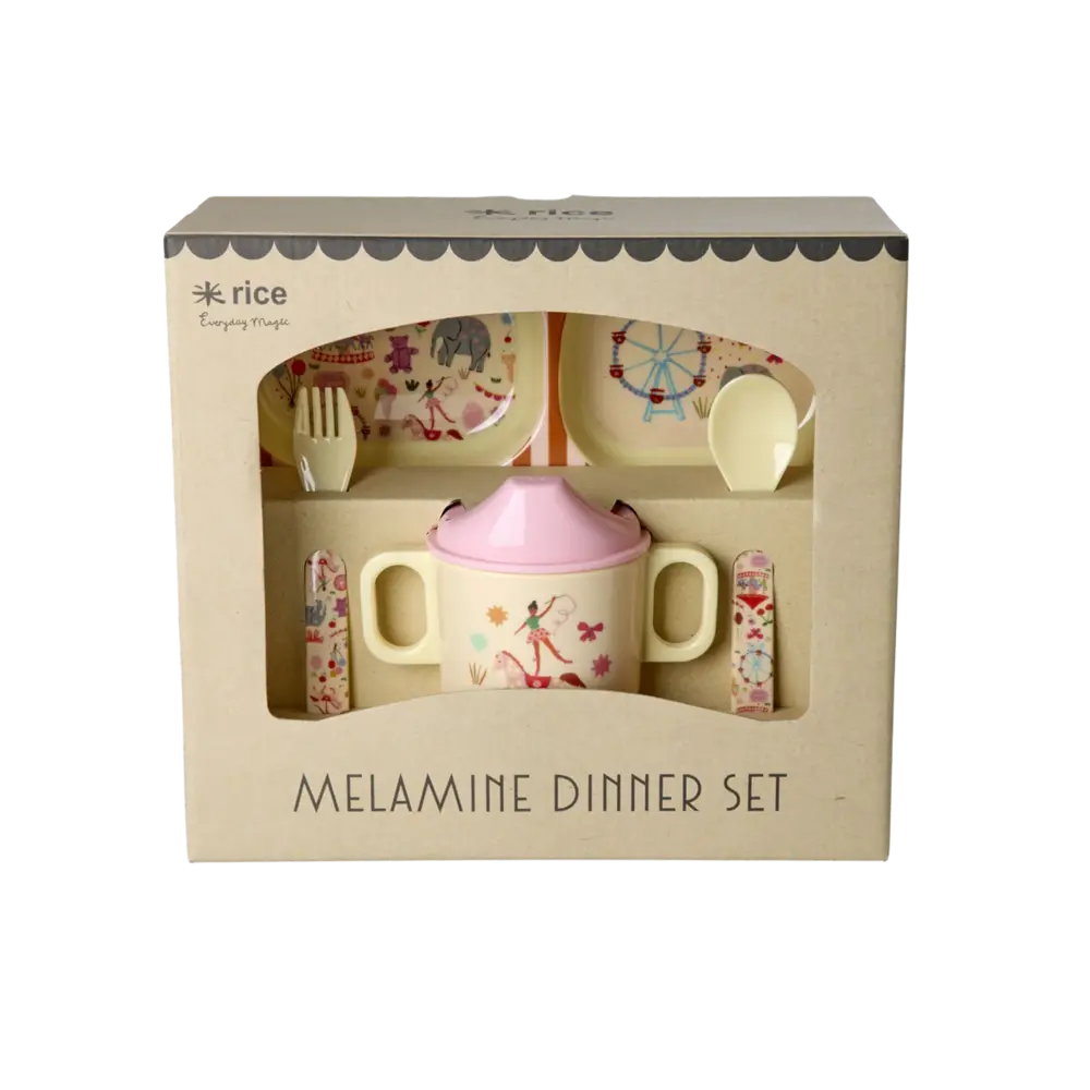 Rice Melamine Baby Dinner Set in Gift Box - Fun Fair Print - Pink Rice Melamine Baby Dinner Set in Gift Box - Fun Fair Print - Pink